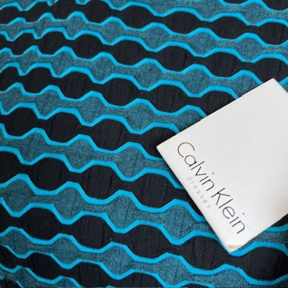 NWT Calvin Klein Stretchy Dress Black and Aqua Geometric Print Lined 2 Back Zip - Picture 2 of 11